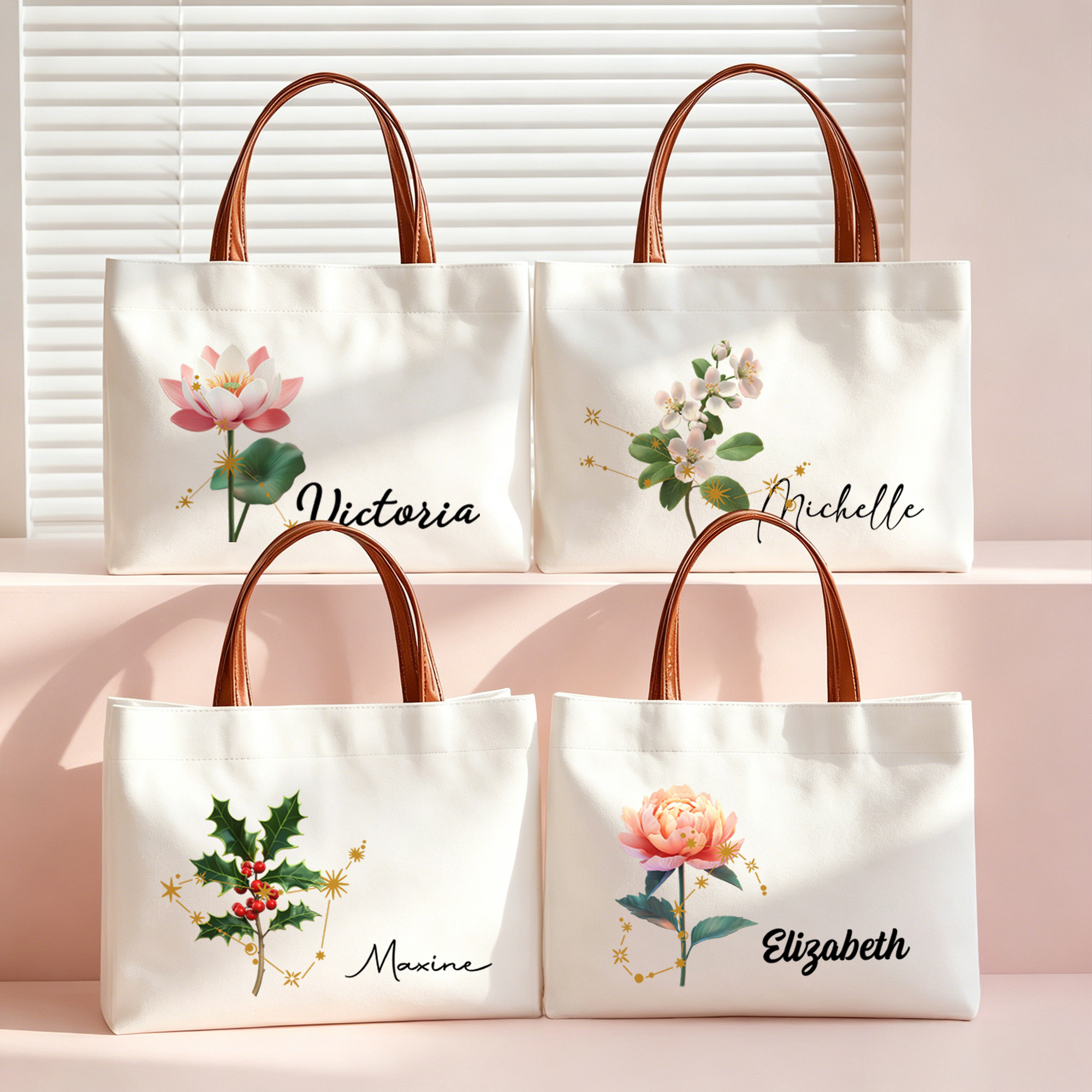 Personalisierte Canvas-Tragetasche mit Sternbild und Geburtsblume sowie Namen – für den täglichen Gebrauch, als Muttertags- oder Geburtstagsgeschenk für Frauen, Mütter und Großmütter