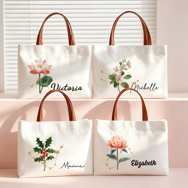 Personalized Constellation  Birth Flower Canvas Tote Bag with Name Daily Use Mother's Day Birthday Gift for Woman Mom Grandmother