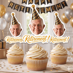 Personalised Fun Face Photo Retired Party Hat Theme Cupcake Topper with Text Cake Decoration Retirement Party Gift for Retiree Colleague
