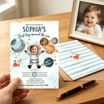 Personalized First Trip Around The Sun Astronaut Invitation Card with Name Time and Photo 1st Birthday Party Gift for Parents