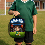 Personalised Football Theme 3D Cartoon Character Lunch Bag with Name Back to School Birthday Gift for Boys Girls