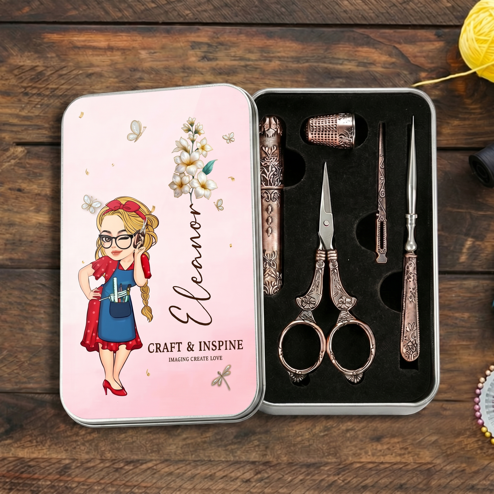 Personalisierte Cartoon Nähen Mädchen Geburt Blume 6 Pcs Nähen Tool Kit mit Namen Geburtstag Geschenk für Mama Oma Nähen Liebhaber