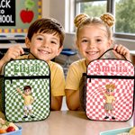 Personalized 3D Cartoon Character Multicolour Plaid Lunch Bag with Name Back to School Birthday Gift for Boys Girls