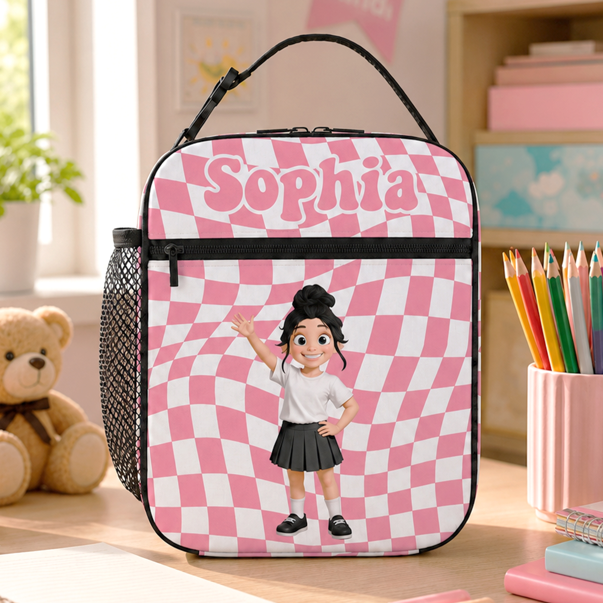 Personalisierte 3D-Cartoon-Figur, mehrfarbige Lunch-Tasche im Karomuster mit Namen – Geschenk zum Schulanfang oder Geburtstag für Jungen und Mädchen