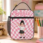 Personalized 3D Cartoon Character Multicolour Plaid Lunch Bag with Name Back to School Birthday Gift for Boys Girls