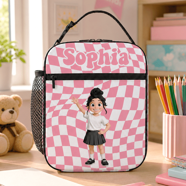 Personalized 3D Cartoon Character Multicolour Plaid Lunch Bag with Name Back to School Birthday Gift for Boys Girls