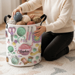 Personalized 3D Yarn Crochet Hook Knitted Pattern Large Waterproof Laundry Storage Basket with Name and Handle Birthday Gift for Knitting Lover