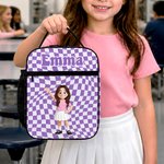 Personalized 3D Cartoon Character Multicolour Plaid Lunch Bag with Name Back to School Birthday Gift for Boys Girls