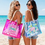 Personalized Ocean Animals Tropical Pattern Multicolour Holographic Clear Tote Bag with Name Beach Party Travel Holiday Birthday Gift for Friends