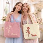 Personalised Embroidered Birth Flower Large Capacity Corduroy Tote Bag with Name Daily Use Travel Birthday Mother's Day Gift for Woman