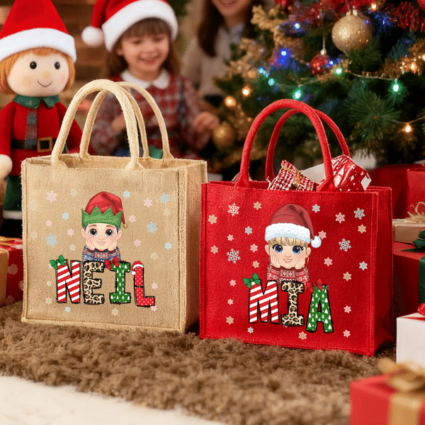 Personalised Cute Cartoon Character Eco-Friendly Large-Capacity Jute Tote Bag with Art Name Christmas Party Gift for Children