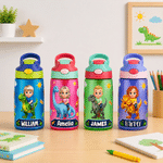 Personalized Dinosaur Cartoon Character Name 16 oz Kid's Water Bottle with Silicone Straw and Handle Back to School Birthday Gift for Boys Girls