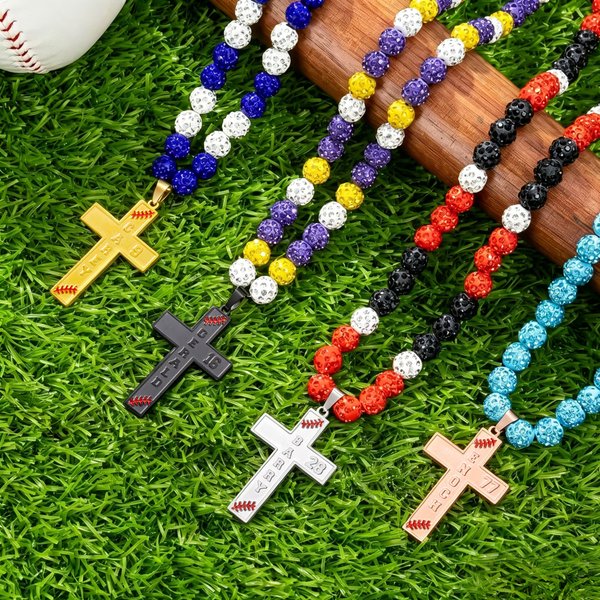 Personalised Sport Rhinestone Beaded Baseball Cross Magnetic Necklace with Name and Number Game Day Birthday Gift for Baseball Lovers