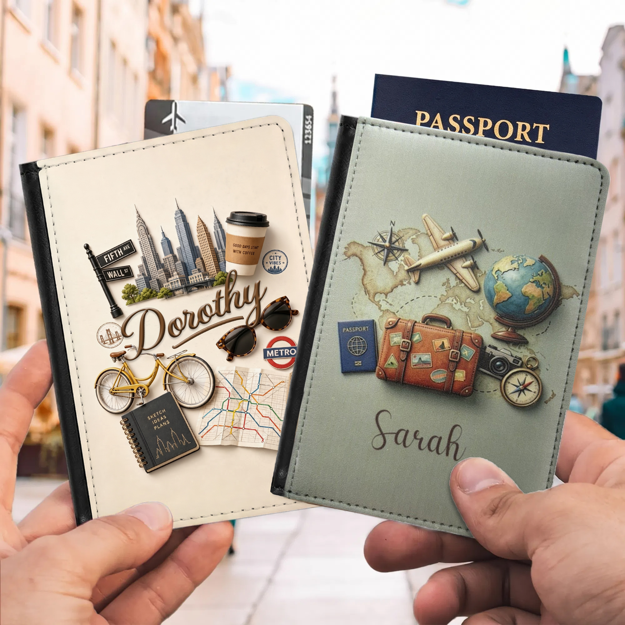 Personalisierter Reisepasshalter aus PU-Leder mit „Global Travel“-Motiv und Namensgravur – für den täglichen Gebrauch, als Reisegeschenk oder Geburtstagsgeschenk für Reisende, Familienmitglieder und F