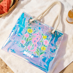 Personalized Ocean Animals Tropical Pattern Multicolour Holographic Clear Tote Bag with Name Beach Party Travel Holiday Birthday Gift for Friends