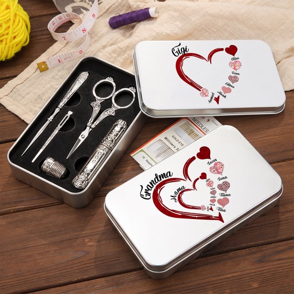 Personalised Family Heart Design Tin Box and 6 Pcs Sewing Tools Set with Kid Names Christmas Birthday Gift for Tailor Sewing Lover