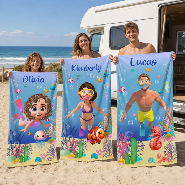 Telo da mare personalizzato, carino, 3D, con animali marini, oversize, ad asciugatura rapida e chiusura magnetica, con nome: regalo perfetto per le vacanze estive, le feste in spiaggia e i compleanni,