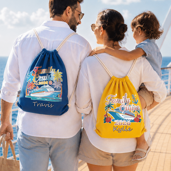 Personalized Family Cruise Coconut Tree Drawstring Bag with Name and Year Beach Party Summer Cruise Vacation Travel Birthday Gift for Kids Family