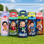 Individuell gestaltete 3D-Cartoon-Figur im Fußball-Design, 12 oz isolierte Trinkflasche mit Strohhalm und Tragegriff – Geschenk zum Schulanfang oder Geburtstag für Jungen und Mädchen