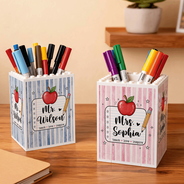 Personalized Teach Love Inspire Large Capacity Building Blocks Brick Pencil Holder with Appellation and Name Teacher’s Day Gift for Teacher