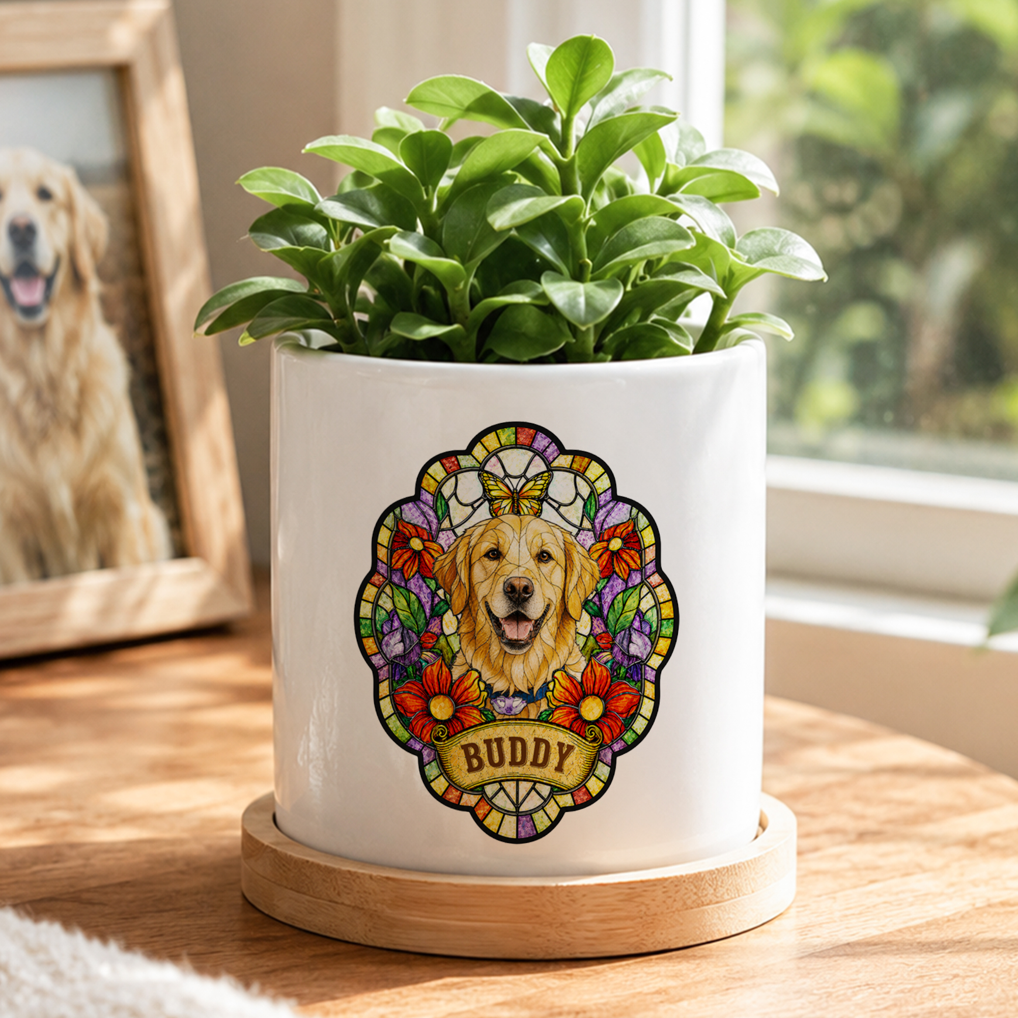 Personalisierter Keramik-Blumentopf mit Buntglas-Foto des Haustiers, Namen und Bambus-Sockel – Wohnaccessoire und Gedenkgeschenk für Haustierbesitzer