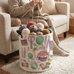 Personalized 3D Yarn Crochet Hook Knitted Pattern Large Waterproof Laundry Storage Basket with Name and Handle Birthday Gift for Knitting Lover