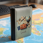 Personalized Global Travel Theme PU Leather Passport Holder with Name Daily Use Travel Birthday Gift for Traveller Family Friend