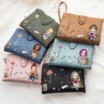 Personalized Cartoon Reading Woman Character Birth Flower Tri-Fold Wristlet Wallet with Card Holder and Name Birthday Gift for Family Bookworms