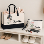 Personalised Birth Flower Large Tote Bag Portable Makeup Bag with Name Travel Accessories Birthday Gift for Women