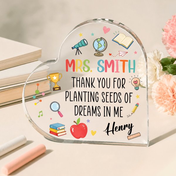 Personalized Book Apple Cartoon Pattern Heart Acrylic Plaque with Name and Text Teacher's Day Appreciation Gift for Teachers