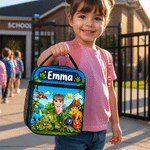 Personalised Dinosaur Cartoon Kid Character Portable Insulated Lunch Bag with Name and Mesh Pocket Back to School Birthday Gift for Girls Boys
