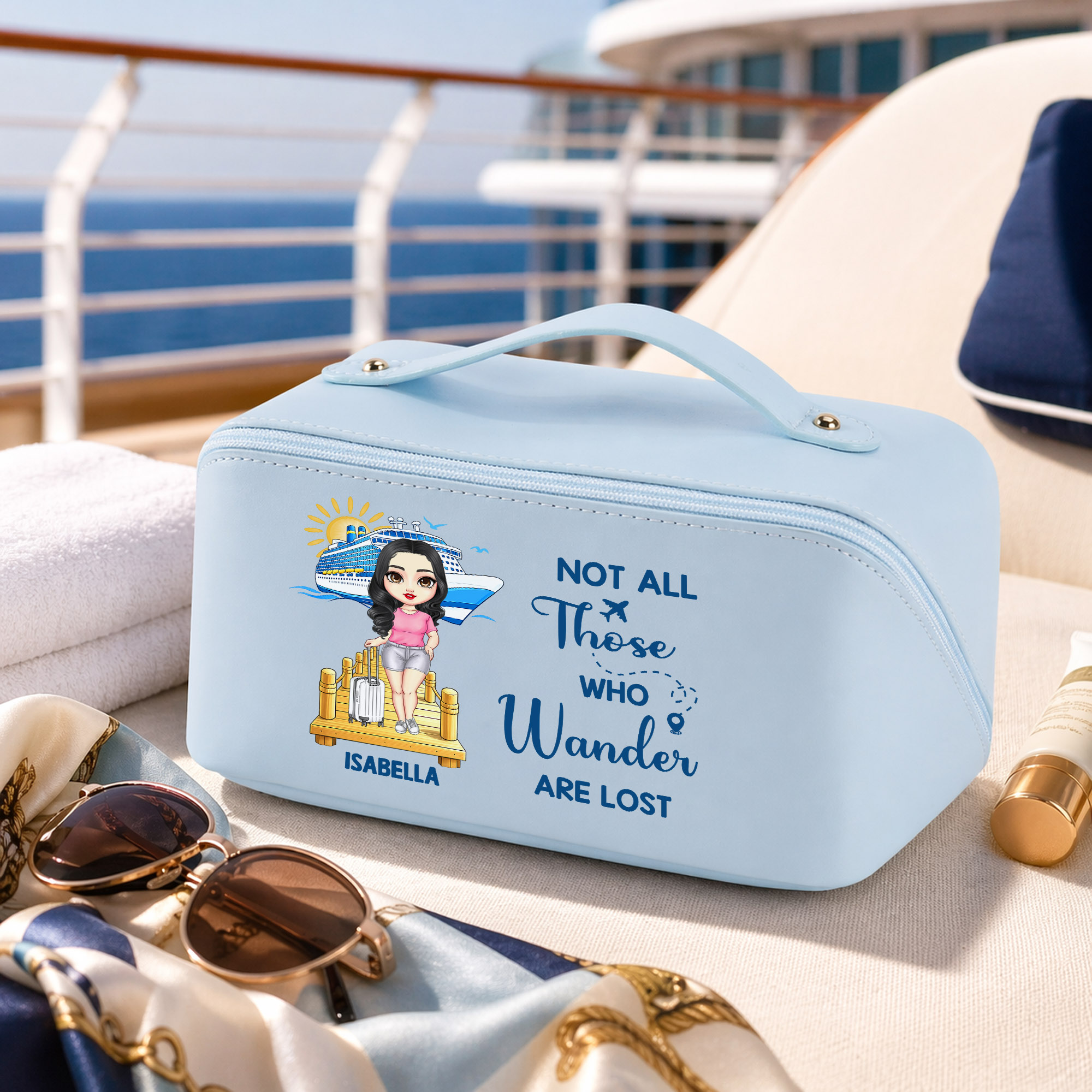 Personalisierte Cartoon-Charakter PU Leder breite Öffnung Make-up-Tasche mit Namen und Text Reise Essentials Geburtstagsgeschenk für Frauen
