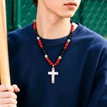 Personalised Sport Rhinestone Beaded Baseball Cross Magnetic Necklace with Name and Number Game Day Birthday Gift for Baseball Lovers