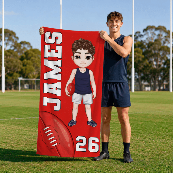 Personalised Multicolour Cartoon AFL Character Quick Dry Beach Towel with Name and Number Team Birthday Gift for AFL Lovers