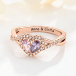 Personalized Twin Birthstone Heart Ring with Engraved Name Dainty Jewellery Birthday Anniversary Valentine's Day Gift for Women