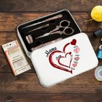 Personalised Family Heart Design Tin Box and 6 Pcs Sewing Tools Set with Kid Names Christmas Birthday Gift for Tailor Sewing Lover