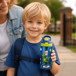 Personalized Dinosaur Cartoon Character Name 16 oz Kid's Water Bottle with Silicone Straw and Handle Back to School Birthday Gift for Boys Girls