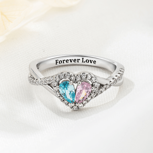 Personalized Twin Birthstone Heart Ring with Engraved Name Dainty Jewellery Birthday Anniversary Valentine's Day Gift for Women