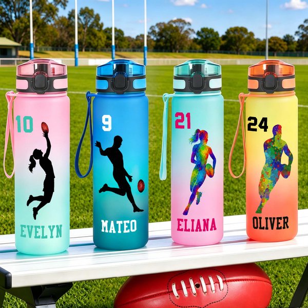 Personalized Cartoon AFL Player Silhouette 32 oz Water Bottle with Name and Number Outdoor Activities Birthday Game Day Gift for AFL Enthusiast Friend