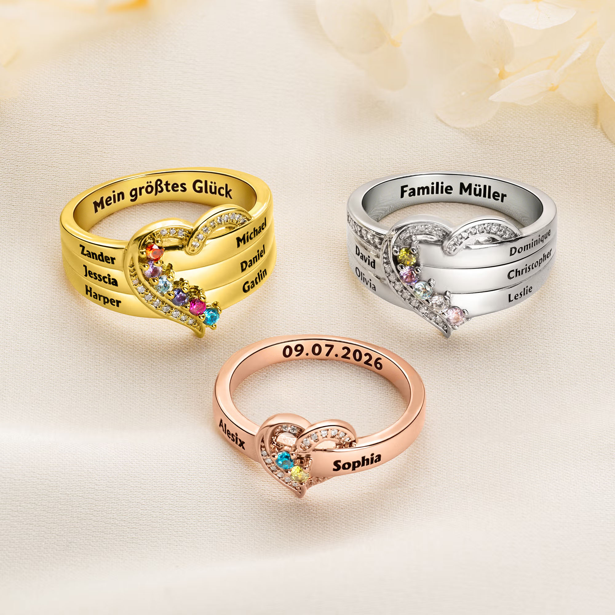 Herz personalisierte gravierte Birthstone Ringe für Frauen
