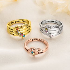 Personalisierter Herz Ring mit 1-8 Geburtssteinen und Namen Gravur Sterling Silber Geburtstag Muttertag Geschenk für Damen