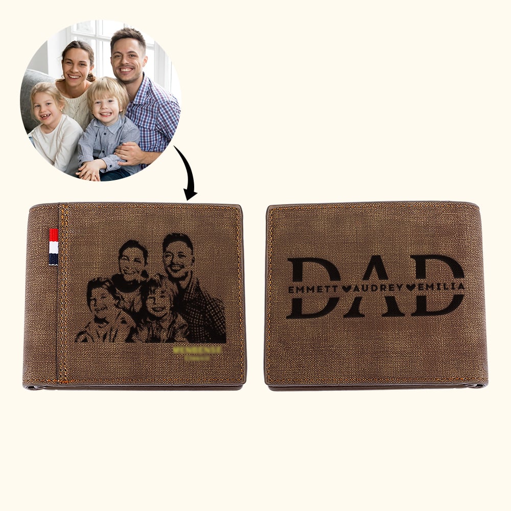 Personalisierte mehrere Kartenfächer Foto Leder Brieftasche mit eingravierten 1-12 Namen Vatertag Jahrestag Geschenk für Papa Opa