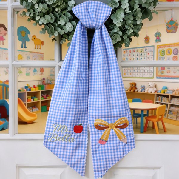 Personalised Embroidered Bow Apple Gingham Wreath Sash with Text Back to School Teacher's Day Appreciation Gift for Teacher