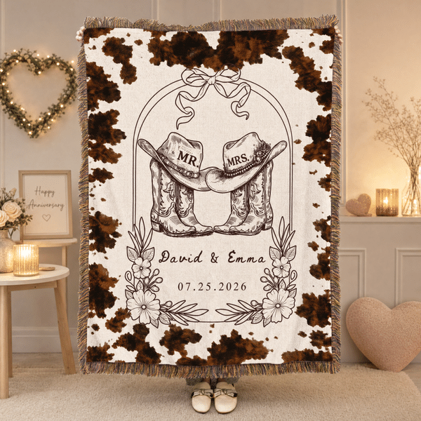 Personalised Cowboy Boots Cattle Pattern Tassel Soft Throw Blanket with Name and Date Birthday Wedding Gift for Newlyweds