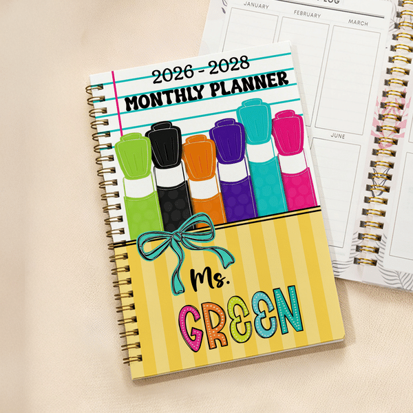 Personalised Bow Pencil Element 2026-2028 Planner Spiral Notebook with Weekly Monthly Planning Pages Teacher's Day Gift for Teacher