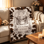 Personalised Cowboy Boots Cattle Pattern Tassel Soft Throw Blanket with Name and Date Birthday Wedding Gift for Newlyweds