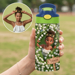 Bottiglia d'acqua personalizzata da 12 oz con foto, fiore del mese di nascita multicolore e personaggio dei cartoni animati, con cannuccia e nome: regalo per il ritorno a scuola o per il compleanno, p