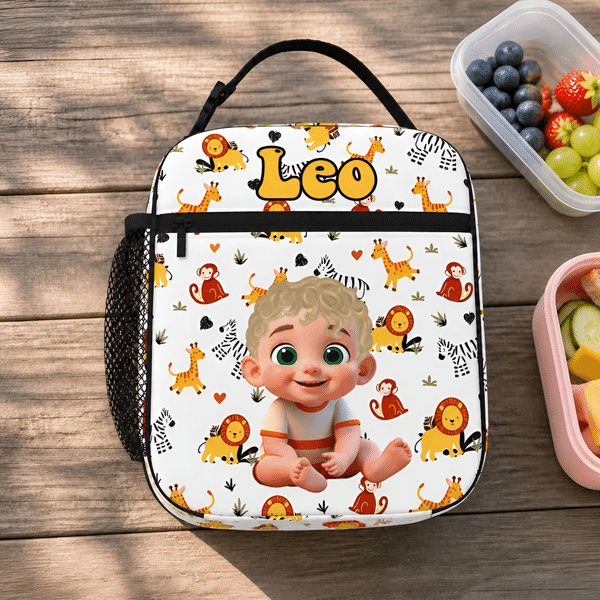 Personalized Q-Version Cartoon Kid Character Insulated Lunch Bag with Name Daily Travel Back to School Birthday Gift for Kids Students