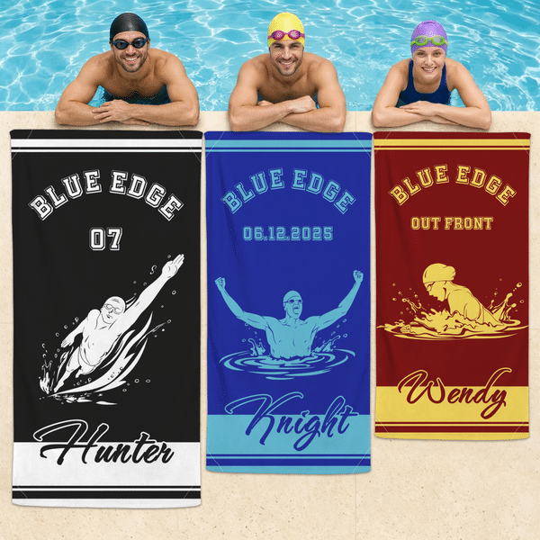 Personalised Multicolour Swimming Silhouette Quick Dry Oversized Magnetic Beach Towel with Name and Text Training Beach Birthday Gift for Swimmer