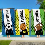 Serviette de plage personnalisée multicolore, format oversize, pour le football et le basket-ball, à séchage rapide, avec nom et numéro – Idéale pour l'été, les fêtes sur la plage et comme cadeau d'an